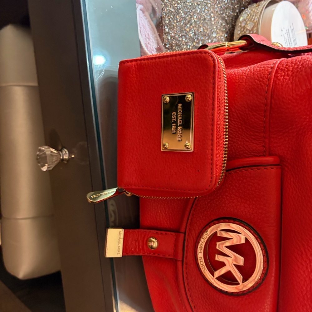 Michael Kors Vibrant Reddish Orange Pebbled Leather Tote and wallet w/ Gold Logo
